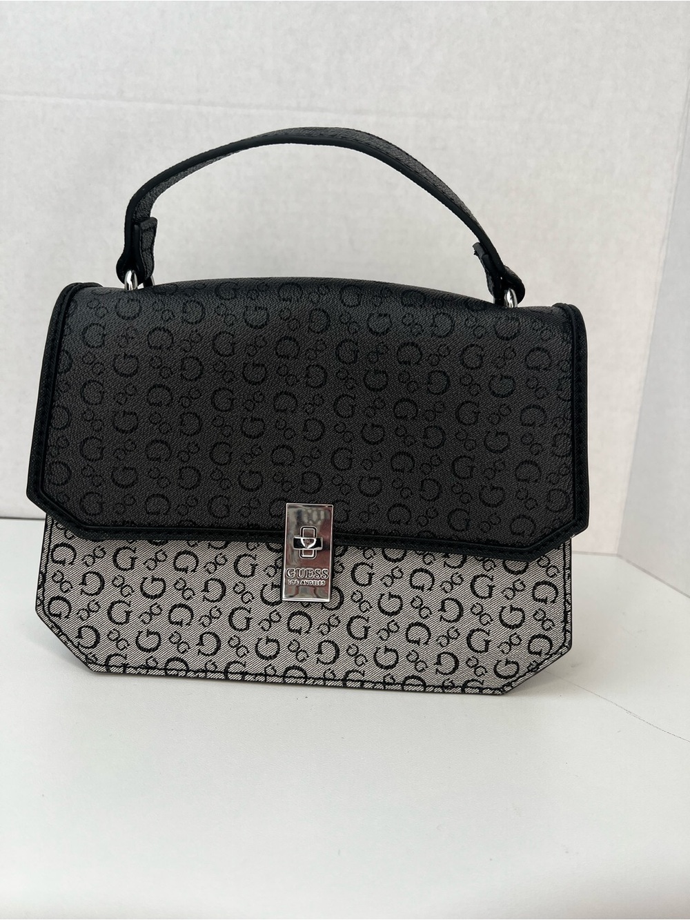 GUESS Black & White Logo Print Top Handle Crossbody Satchel